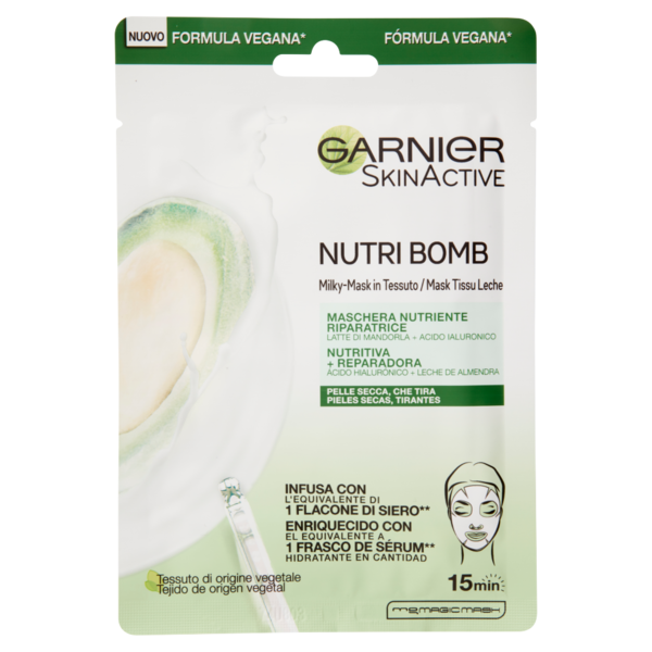 Garnier Maschera in Tessuto Nutriente Riparatrice NutriBomb, Pelli Molto Secche, Latte di Mandorla