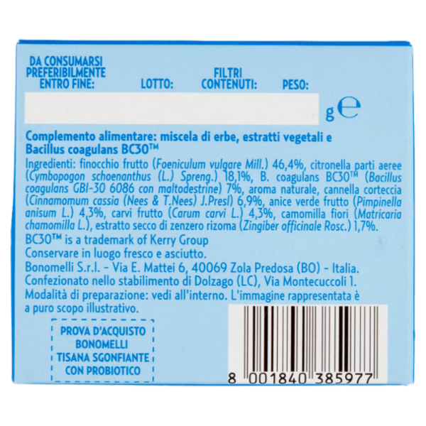 Bonomelli Tisane con Probiotico Sgonfiante 10 Filtri 20 g