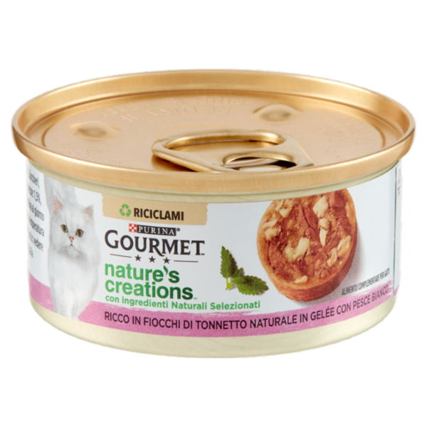PURINA GOURMET Nature's Creations Ricco in Fiocchi di Tonnetto Naturale in Gelée e Pesce Bianco 70g