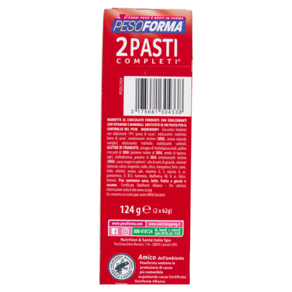 Pesoforma Barrette 2 Pasti Low Sugar Fondente Crunchy High Protein, basso impatto glicemico - 2x62g