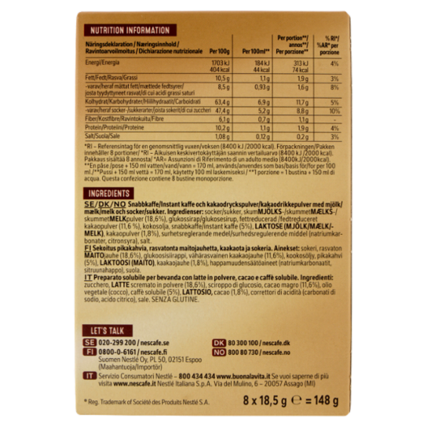 NESCAFÉ Cappuccino Double Choco Solubile con Cacao 8 Bustine 148g