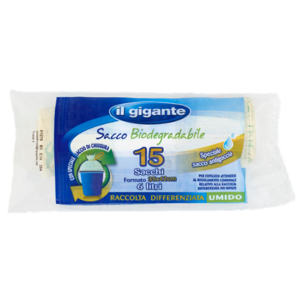 IL GIGANTE Sacco Biodegradabile Formato 35x42cm 6 litri Raccolta Differenziata Umido 15 pz
